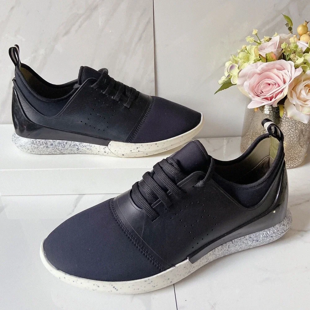 NEW BALLY Mens Logo Avro Leather & Neoprene Lace Up Trainer Sneakers Black US 8